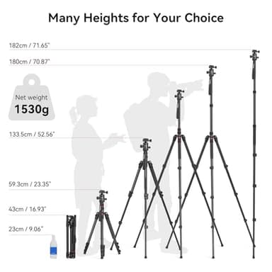 SmallRig Camera Tripod, 71" Foldable Aluminum Tripod/Monopod, 360°Ball Head Detachable, Payload 33lb, Adjustable Height from 16" to 71" for Camera, Phone - Image 2