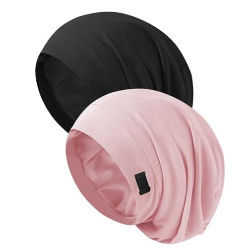 Silk Bonnet for Sleeping Women, Adjustable Silky Satin Lined Sleep Cap, Silk Hair Wrap for Sleep Night Cap for Natural Curly Hair 2PCS(Black&Pink) - Image 1