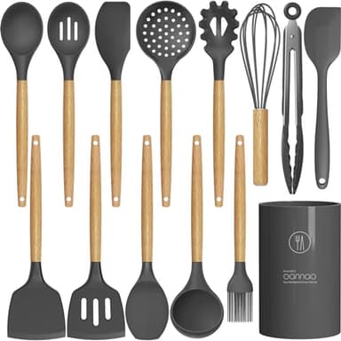 Silicone Cooking Utensils Kitchen Utensil Set - 446°F Heat Resistant Silicone Kitchen Utensils Set, Spatula,Turner Tongs, Spoon, Brush, Whisk,Kitchen Gadgets for Nonstick Cookware, BPA Free (Gray) - Image 1