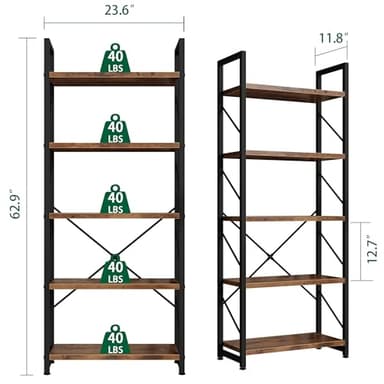 Shintenchi 5 Tiers Bookshelf, Classically Tall Bookcase Shelf, Industrial Book Rack, Modern Book Holder in Bedroom/Living Room/Home/Office, Storage Rack Shelves for Books/Movies-Rustic Brown - Image 2