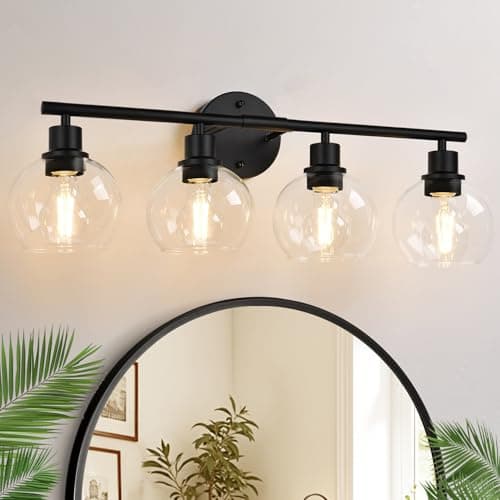 2025 Upgrade 4-Light Bathroom Light Fixtures, Black Bathroom Lights Over Mirror with Clear Glass Globe Shade, Vanity Lights for Bathroom Kitchen Living Room Hallway Cabinet Bedroom Porch - Image 1