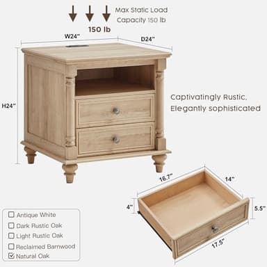 T4TREAM 24'' Farmhouse End Table w/4 Solid Wood Feet, Large 2 Drawers Wide Sofa Side Table with Charging Station, Tall Modern Wood Square Nightstand for Living Room, Bedroom, Office, Natural Oak - Image 6