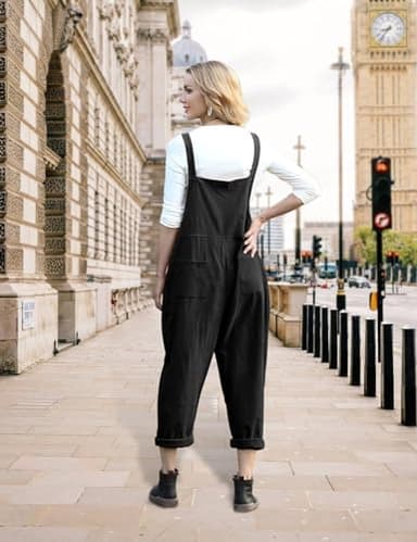YESNO Women Long Casual Loose Bib Pants Overalls Baggy Rompers Jumpsuits with Pockets (L PV9 Black) - Image 4