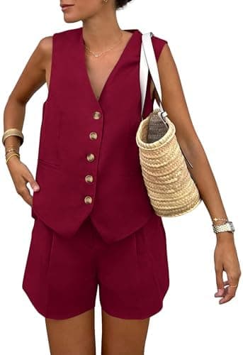PRETTYGARDEN Women's Summer 2 Piece Outfits Sleeveless Matching Sets Button Down V Neck Vest Waistcoat and Pockets Shorts - Image 3