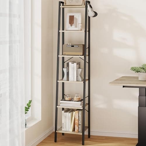 Hzuaneri Ladder Shelf, Bookshelf Bookcase, Freestanding Corner Storage Shelve with 2 Hooks for Home Office, Living Room, Kitchen, Bedroom, Industrial, 6-Tier Greige BC13305B - Image 1