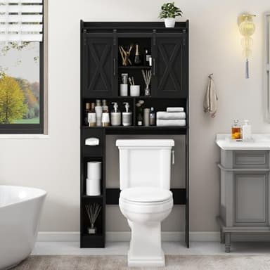 Over The Toilet Storage Cabinet, Farmhouse Storage Cabinet Over Toilet with Sliding Doors & Toilet Paper Holder Stand，Home Space-Saving Toilet Rack, for Bathroom, Laundry and Restroom.Black - Image 1
