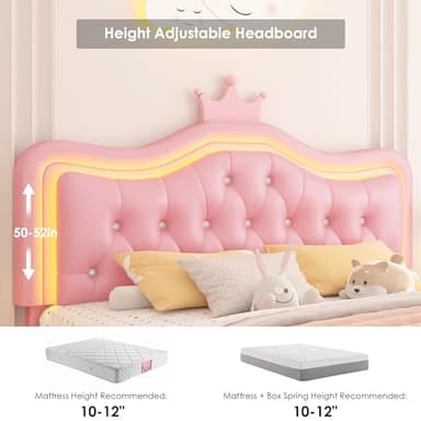 Keyluv Full Upholstered LED Bed Frame with Storage Drawer, Leather Princess Platform Bed with Adjustable Crystal Button Tufted Crown Headboard, Solid Wooden Slats Support, No Box Spring Needed, Pink - Image 6