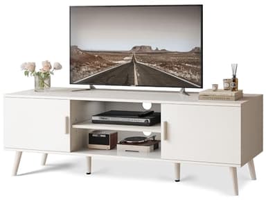 SUPERJARE TV Stand for 55 Inch TV, Entertainment Center with Adjustable Shelf, 2 Cabinets, TV Console Table, Media Console, Solid Wood Feet, Cord Holes, for Living Room, Bedroom, White - Image 1