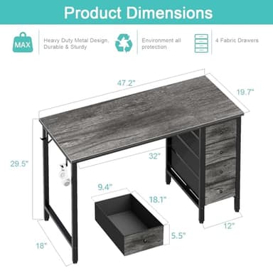 Lufeiya 47 inch Computer Desk with 4 Fabric Drawers, Writing Work Study Desk for Home Office Bedroom, Modern Simple Student PC Desks, Gray - Image 3
