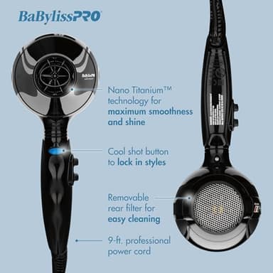 BaBylissPRO Hair Dryer, Nano Titanium Portofino 2000-Watt Blow Dryer, Hair Styling & Appliances, Black, BPOR1 - Image 2