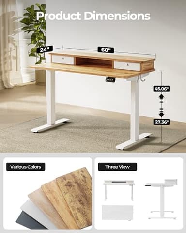 FEZIBO 60 x 24 Inch Height Adjustable Electric Standing Desk with Double Drawer, Computer Desk, Home Office Stand Up Table with 4 Height-Adjustable Feets & 2 Hooks, Light Rustic - Image 3