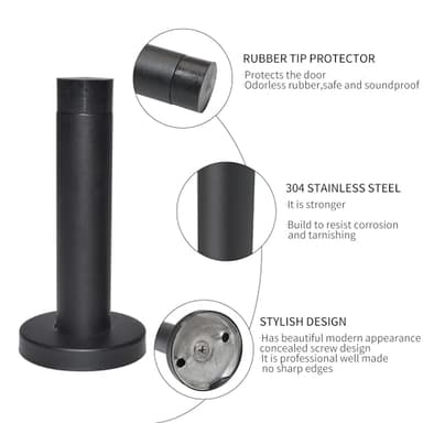 DOKU 10Pcs Door Stop, 3.5 Inch Heavy Duty 304 Stainless Steel Door Stopper with Rubber Tips Bumper, Wall Mounted Door Holder Protection Sound Dampening, Matte Black - Image 2