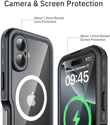 FEWGEY Waterproof Phone Case for iPhone 16, [Compatible with Magsafe] [IP68 Underwater] [Built-in Screen Protector & Glass Camera Protector] Full Body Shockproof Cover with Lanyard Black/Clear - Image 6