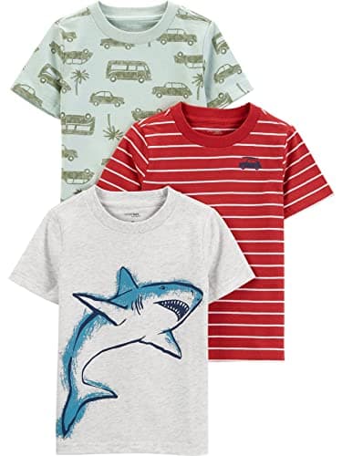 Simple Joys by Carter's Boy's Short-Sleeve Graphic Tees, Pack of 3, Shark/Bus/Red Stripe, 7 - Image 1