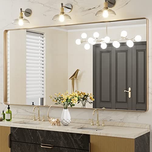 LOAAO 72”X36” Gold Bathroom Mirror, Rounded Rectangle Gold Frame Mirror, Brushed Gold Bathroom Vanity Mirror Wall-Mounted, Anti-Rust, Tempered Glass, Hangs Horizontally or Vertically - Image 1