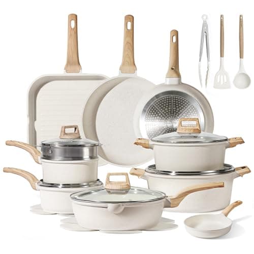 CAROTE 22pcs Pots and Pans Set Nonstick, Cookware Set White Granite Induction Kitchen Cooking Set w/Frying Pans & Saucepans& Grill Pan(PFOS, PFOA Free) - Image 1