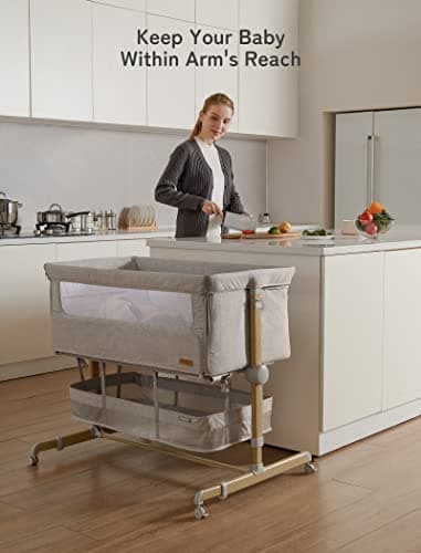 Baby Bassinet Bedside Sleeper, besrey Bedside Bassinet for Newborn Infant with Comfy Mattress, 9 Height Positions, Adjustable Bedside Crib with 360° Swivel Wheels Bassinet for Baby with Storage Basket - Image 9