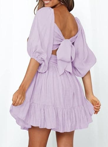 Dokotoo Women Square Neck Spring Dresses for Women 2025 Lantern Sleeve Ruffle A-Line Flowy Sundress Shirred Elastic Waist Tie Backless Light Purple Sexy Dress Plus Size Casual Dresses Large - Image 2