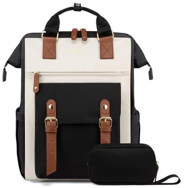 LOVEVOOK 17 Inch Laptop Backpack for Women Work Travel Backpacks Purse, Nurse Bag Teacher Business Laptop Computer Bag, Fashion College Backpack Casual Daypack, Black-Beige-Brown - Image 1
