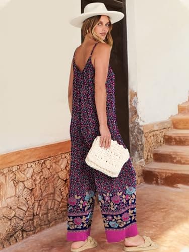 ANRABESS Women Jumpsuits 2025 Casual Sleeveless Spaghetti Strap Boho Wide Leg Rompers Dressy Summer Outfits Vacation Clothes Floral Purple Large - Image 4