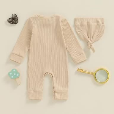 aporake Baby Boy Girl Clothes Hi I'm New Here Newborn Outfit One Piece Romper Bodysuit Jumpsuit+hat Newborn Hospital Outfit (Beige, 6-12 Months) - Image 4