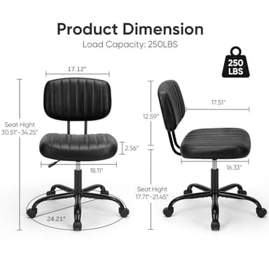 DUMOS Armless Office Desk Chair, Small Height Adjustable Computer Task Chair with Low Back Lumbar Support and 360° Swivel Rolling Wheels for Small Space, Kids and Adults, Dark Black - Image 2