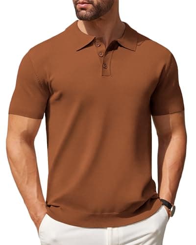 COOFANDY Mens Knit Polo Shirts Casual Short Sleeve Classic Polo Shirts Button Down Golf Shirts Caramel - Image 1