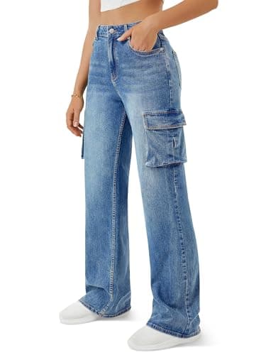Women High Waisted Cargo Jean for Women with 6 Pockets Straight Wide Leg Jean Casual Baggy Pants Blue - Image 3