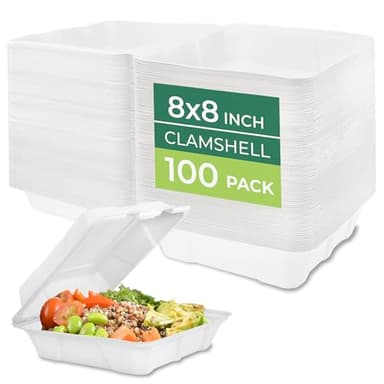 Freshware Clamshell Food Containers with Lids [8x8 100-Pack] Disposable To Go Containers, Biodegradable Sugarcane To Go Boxes - Paper Container - Microwave & Freezer Safe, Stackable - Image 1
