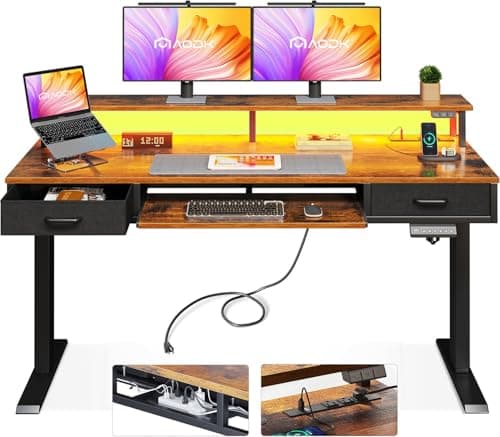 AODK Electric Standing Desk with Drawers & Keyboard Tray, 55 Inch Height Adjustable Gaming Desk with Power Outlets & LED Lights, Sit Stand Table with Monitor Stand for Home, Office, Rustic Brown - Image 1