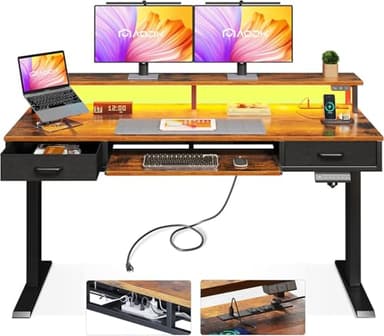 AODK Electric Standing Desk with Drawers & Keyboard Tray, 55 Inch Height Adjustable Gaming Desk with Power Outlets & LED Lights, Sit Stand Table with Monitor Stand for Home, Office, Rustic Brown - Image 1