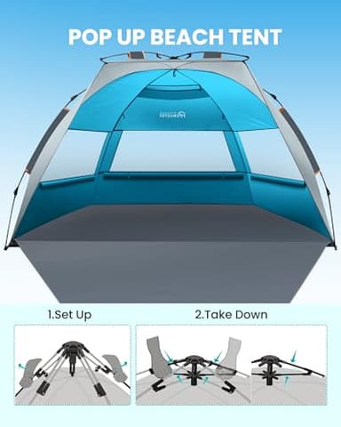 OutdoorMaster Beach Tent Sun Shelter for 3-4 Person, Pop Up Beach Tent Easy Setup with Sandbags, Portable Sun Shade Canopy with Carrying Bag for Beach & Outdoor, UPF50+ UV Protection - Ocracoke Coast - Image 3