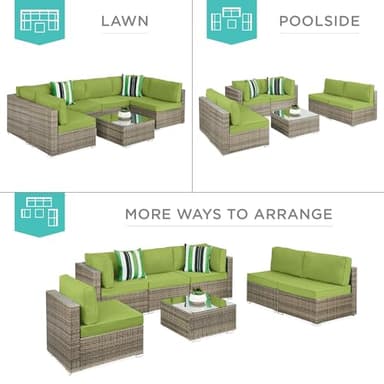 Best Choice Products 7-Piece Modular Outdoor Sectional Wicker Patio Conversation Set w/ 2 Pillows, Coffee Table, Cover Included - Taupe/Pistachio - Image 3