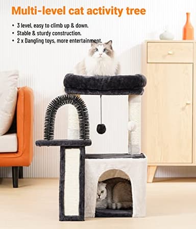 Happi N Pets Cat Tree Tower for Indoor Cats, Multi-Level Cat Tree with Scratching Posts & Condos, Cozy Cat Perch, Self Groomer and Interactive Toys, Featuring with Large Cat Cave, Light Gray - Image 2
