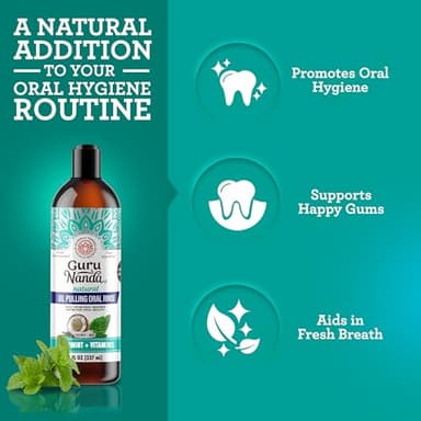 GuruNanda CocoMint Oil Pulling Mouthwash for Complete Oral Hygiene, 7 Essential Oils & Vitamins for Happy Teeth & Gums & Fresh Breath, Alcohol-Free, 3X8 oz - Image 4
