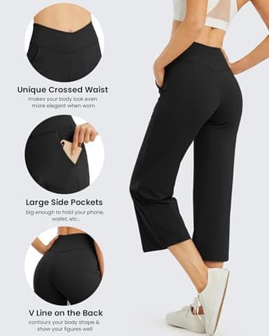 G4Free Capri Pants for Women Wide Leg Yoga Crop Pants with Pockets Cross Waist Stretch Dress Capris for Casual Workout(Black,S,23") - Image 5