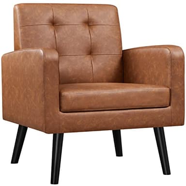 Yaheetech Mid-Century Accent Chairs, PU Leather Modern Upholstered Living Room Chair, Cozy Armchair Button Tufted Back and Wood Legs for Bedroom/Office/Cafe, Retro Brown - Image 1