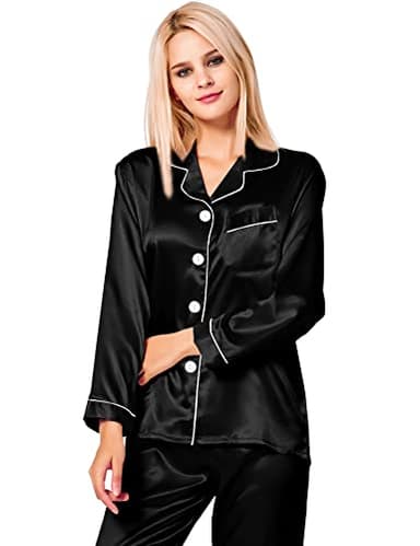SWOMOG Womens Silk Satin Pajamas Long Sleeve Loungewear Two-piece Sleepwear Button-Down Pj Set (Large, Black) - Image 2