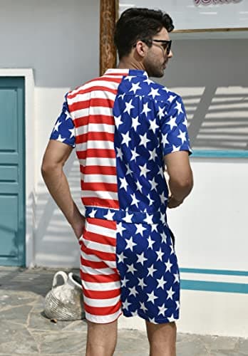 Men's Rompers Male Zipper Jumpsuit Shorts Flag Independence Day 4th of July One Piece Romper Slim Fit Bro Short Sleeve Shirt Outfits - Image 3