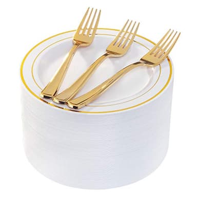 I00000 144 Small Plastic Dessert Plates Set Include 72 Pcs Gold Dessert Plates 7.5" with 72 Pcs Forks 7.5",Disposable Cake Plate,Fancy White Gold Plastic Small Plates for Party - Image 1