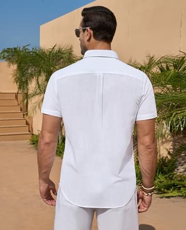 DEMEANOR White Linen Shirts for Men Short Sleeve Button Down Shirts Summer Beach Casual Linen Button Up Shirt Vacation - Image 4