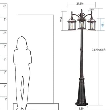 Dusk to Dawn Outdoor Lamp Post Light with 3 LED Bulbs, Triple Head Aluminum Street Light Post for Outside with Sensor, Waterproof Birdcage Pole Lighting Fixture for Backyard Garden Patio Bronze - Image 5