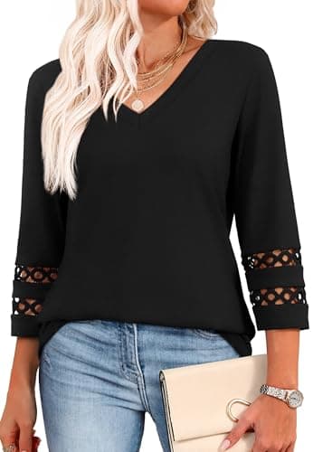 3/4 Length Sleeve Womens Tops Dressy Casual Blouses for Women Trendy V Neck Tunic Tops for Leggings Plain Black XL - Image 1