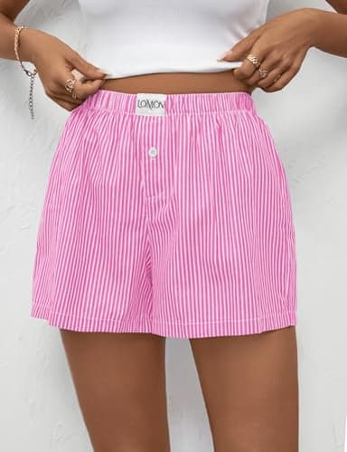 LOMON Boxer Shorts for Women Summer Cotton Pajamas 2025 Lounge Sleep Pj Striped Short Pants Y2K Beach Bottoms with Pockets (Pink White Pinstripe S) - Image 2