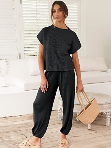 ANRABESS Women's Two Piece Outfits Knit Sweater Vest Crop Top Pants Lounge Matching Tracksuit Sweatsuit Travel Clothes Sets Black XX-Large - Image 7