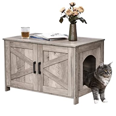 Homhedy Cat Litter Box Enclosure, Wooden Cat Washroom Furniture with Barn Door, Pet House, Fit Most of Litter Box, Greige - Image 1