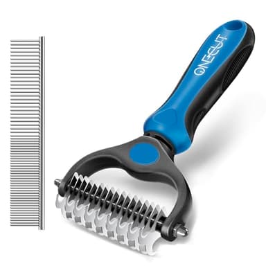 OneCut Pet Grooming Brush and Metal Comb Combo, Pet Grooming Rake and Brushes for Small, Medium & Large Dogs Double Sided Deshedding Tool Removes Knots and Tangled Hair (Blue) - Image 1