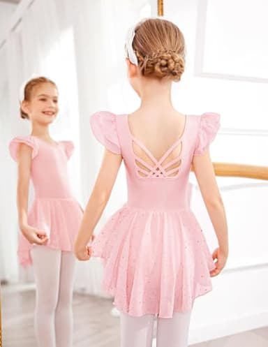 Arshiner Girls Shiny Ruffle Sleeve Ballet Leotard with Skirt Criss-Cross Back Dance Dresses - Image 4