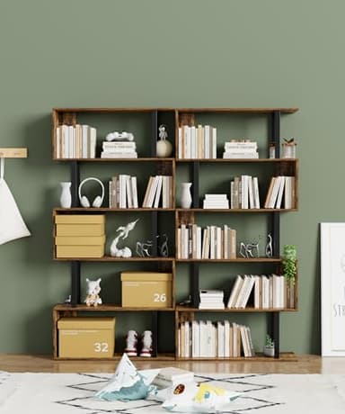 Gadroad 5-Tier Geometric Bookcase,S Shaped Bookshelf, Wood Decorative Storage Shelving, Modern Freestanding Display Shelves, Tall Book Shelf Unit for Living Room Bedroom, Rustic Brown - Image 2