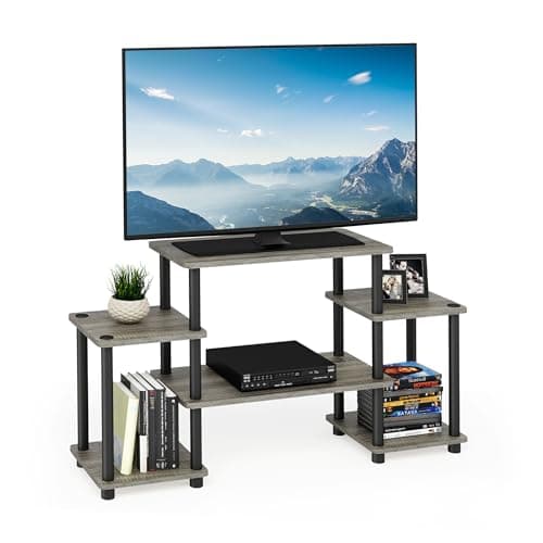 Furinno Turn-N-Tube No Tools Entertainment Center, Round Square Corner, French Oak Grey/Black - Image 1